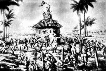 Cuban soldiers rais flag in battle